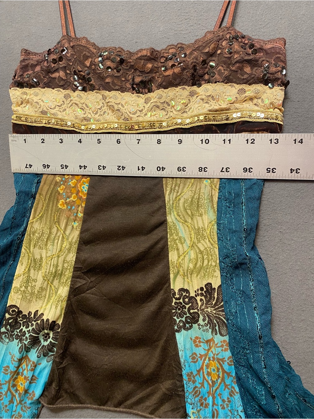 Studio Y Vtg Y2K Teal, Brown & Gold Patchwork Spaghetti-Strap Camisole- Small - Picture 9 of 10